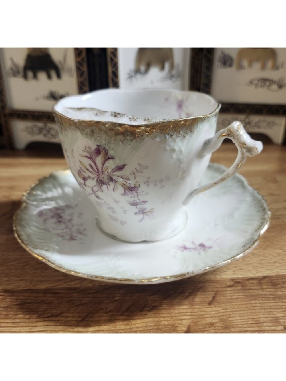Victorian Mustache Tea Cup & Saucer Set Bone China Porcelain Weimar Germany VTG
